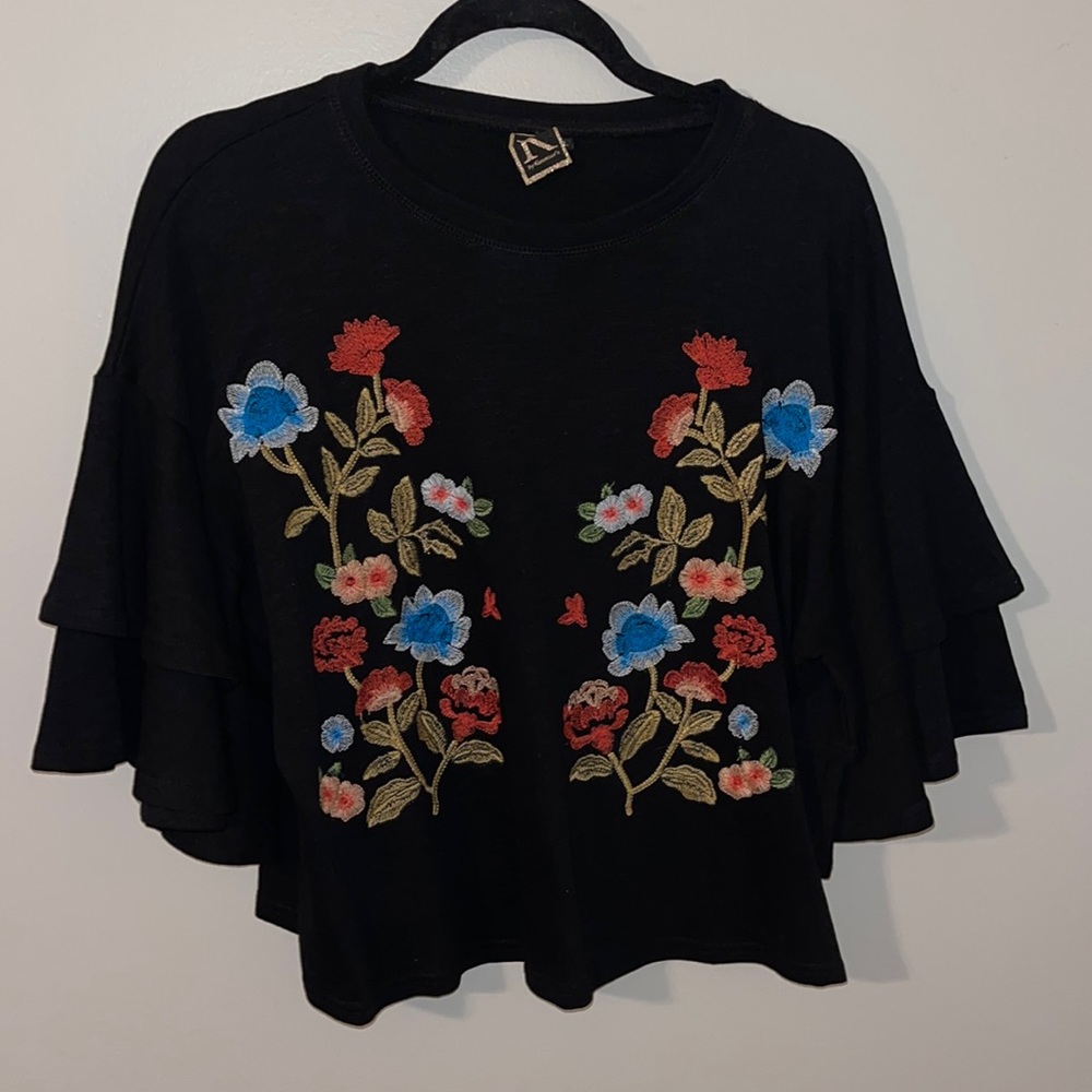 Black floral embroidered shirt